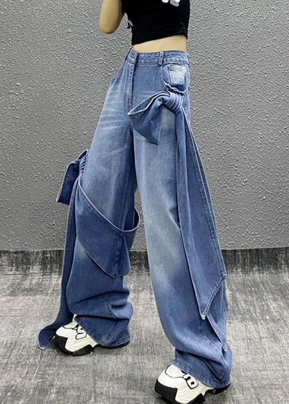Blue Bow Pockets High Waist Denim Pants Summer Aw1010