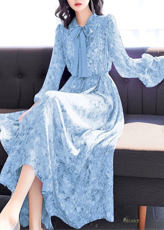 Blue Bow Print High Waist Chiffon Long Dress Fall Qr043
