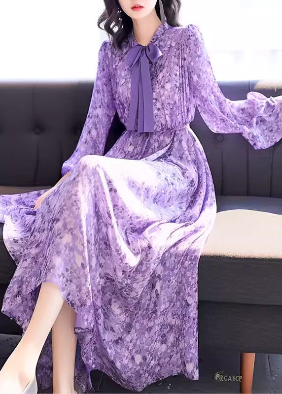 Blue Bow Print High Waist Chiffon Long Dress Fall Qr043