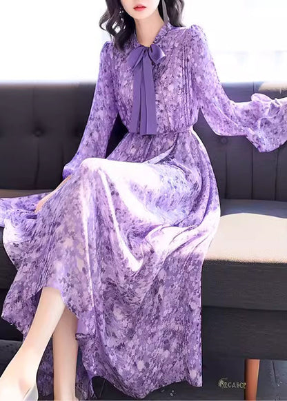 Blue Bow Print High Waist Chiffon Long Dress Fall Qr043