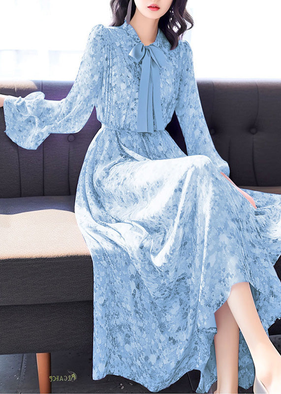 Blue Bow Print High Waist Chiffon Long Dress Fall Qr043