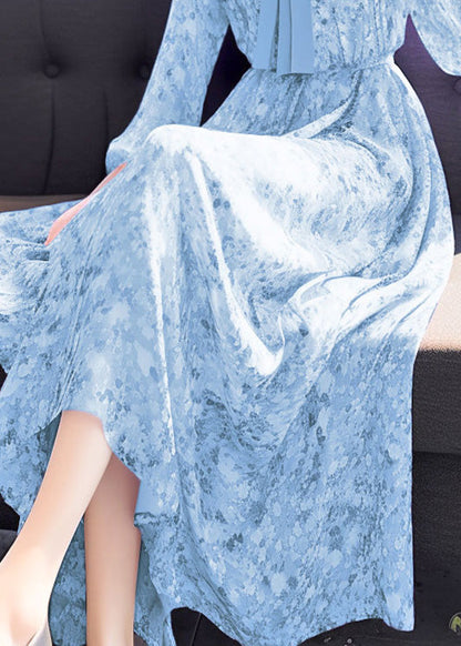 Blue Bow Print High Waist Chiffon Long Dress Fall Qr043