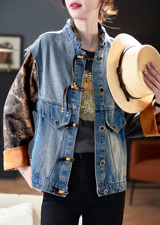 Blue Button Print Patchwork Denim Coat Spring Qa1008