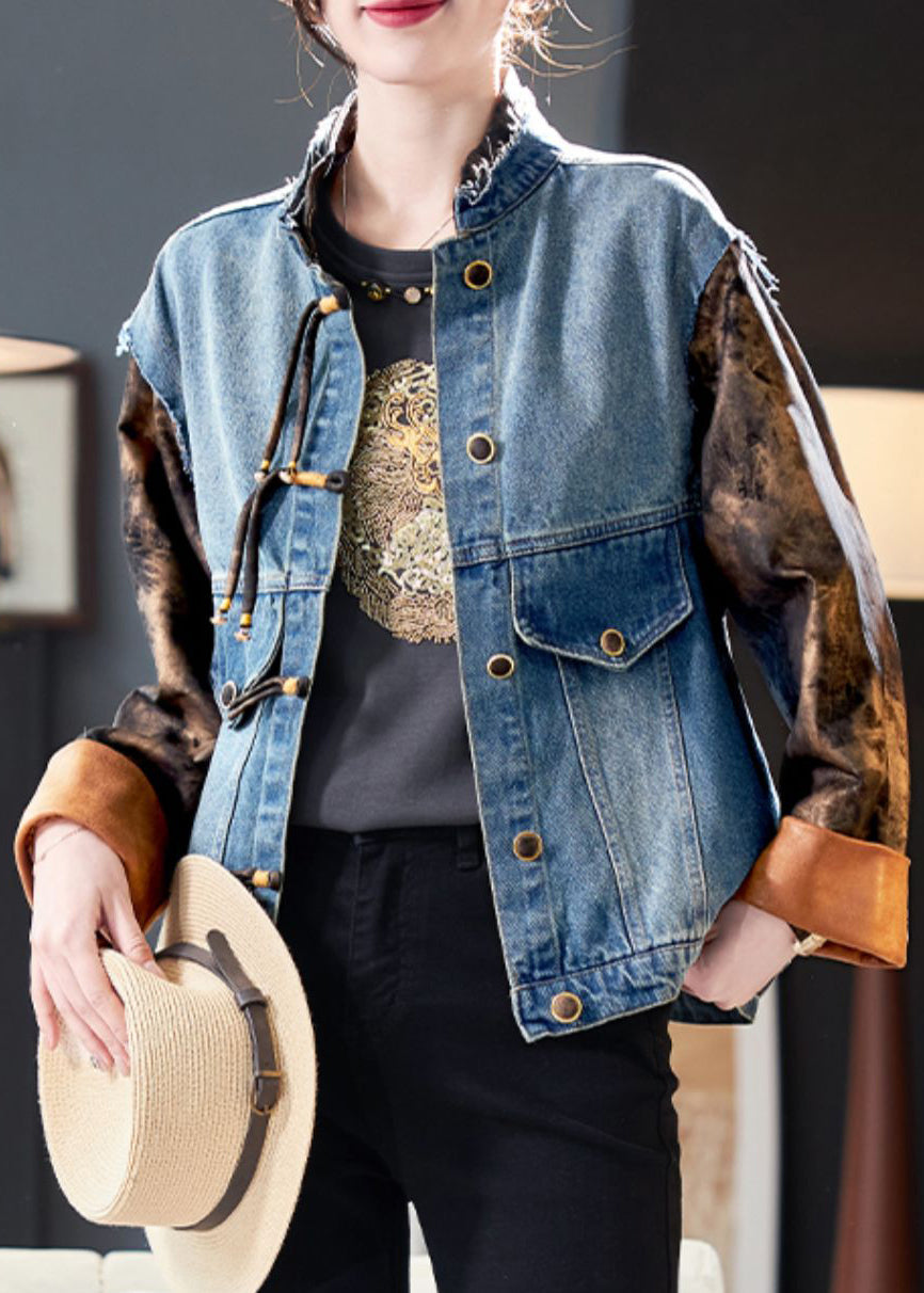 Blue Button Print Patchwork Denim Coat Spring Qa1008