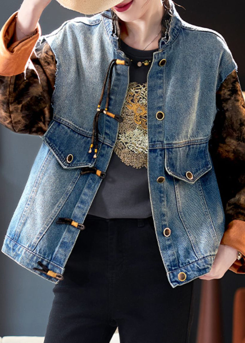 Blue Button Print Patchwork Denim Coat Spring Qa1008
