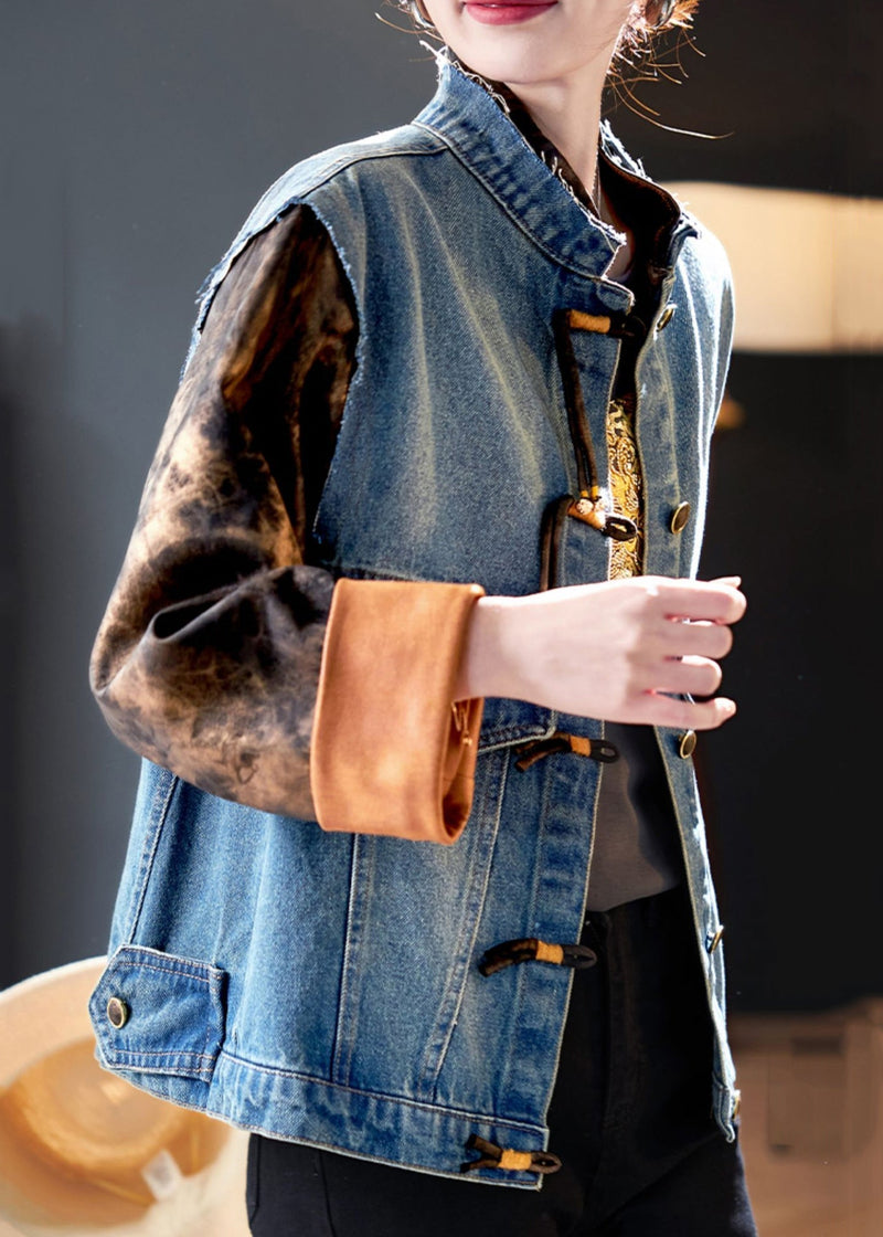 Blue Button Print Patchwork Denim Coat Spring Qa1008