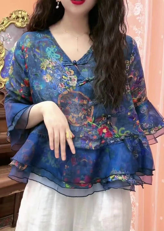 Blue Button Print Tulle Patchwork Blouses Flare Sleeve Gh1052