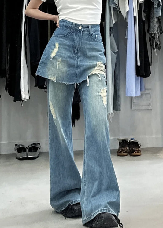 Blue False Two Pieces High Waist Denim Pants Summer Pp013
