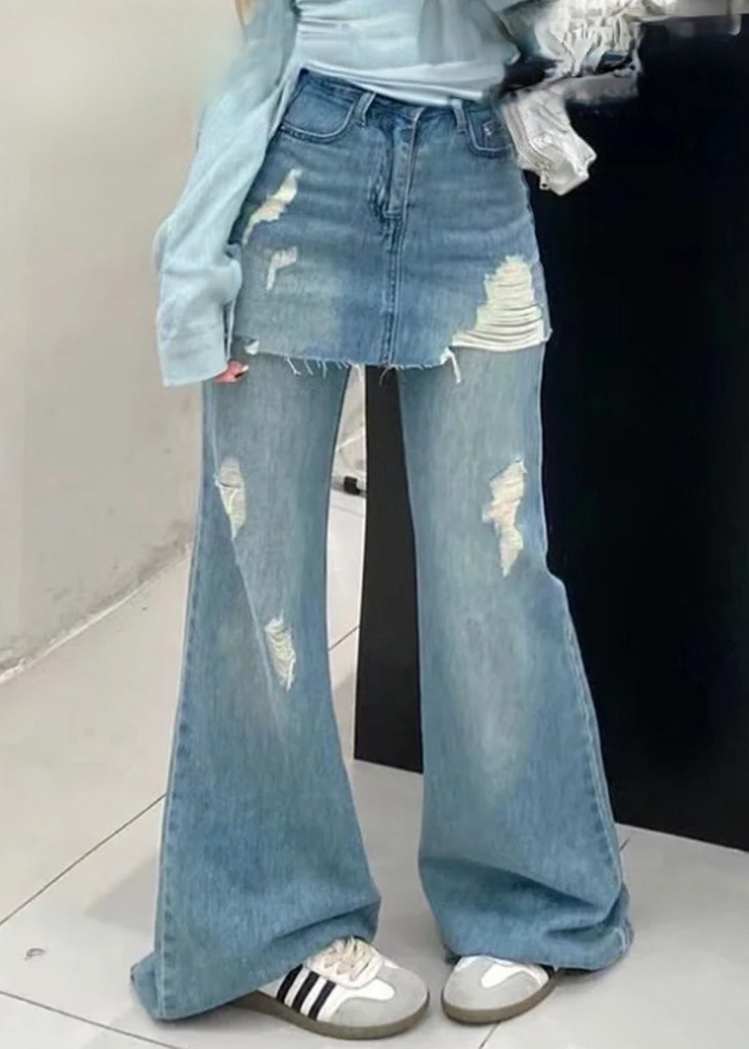 Blue False Two Pieces High Waist Denim Pants Summer Pp013