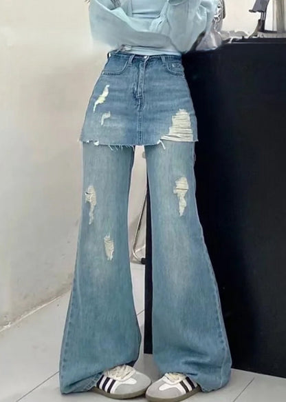 Blue False Two Pieces High Waist Denim Pants Summer Pp013