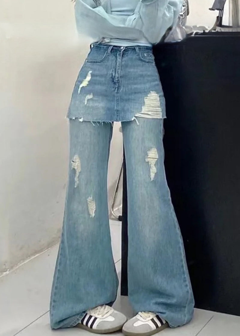 Blue False Two Pieces High Waist Denim Pants Summer Pp013