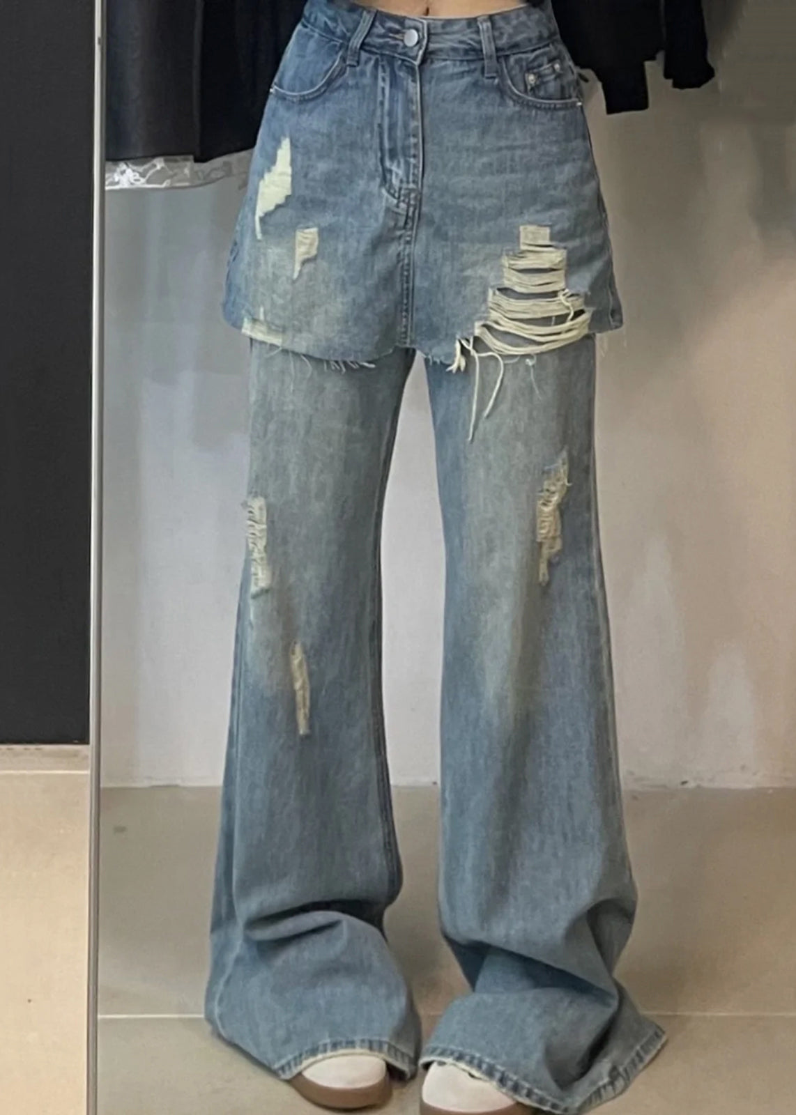 Blue False Two Pieces High Waist Denim Pants Summer Pp013
