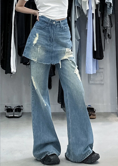 Blue False Two Pieces High Waist Denim Pants Summer Pp013