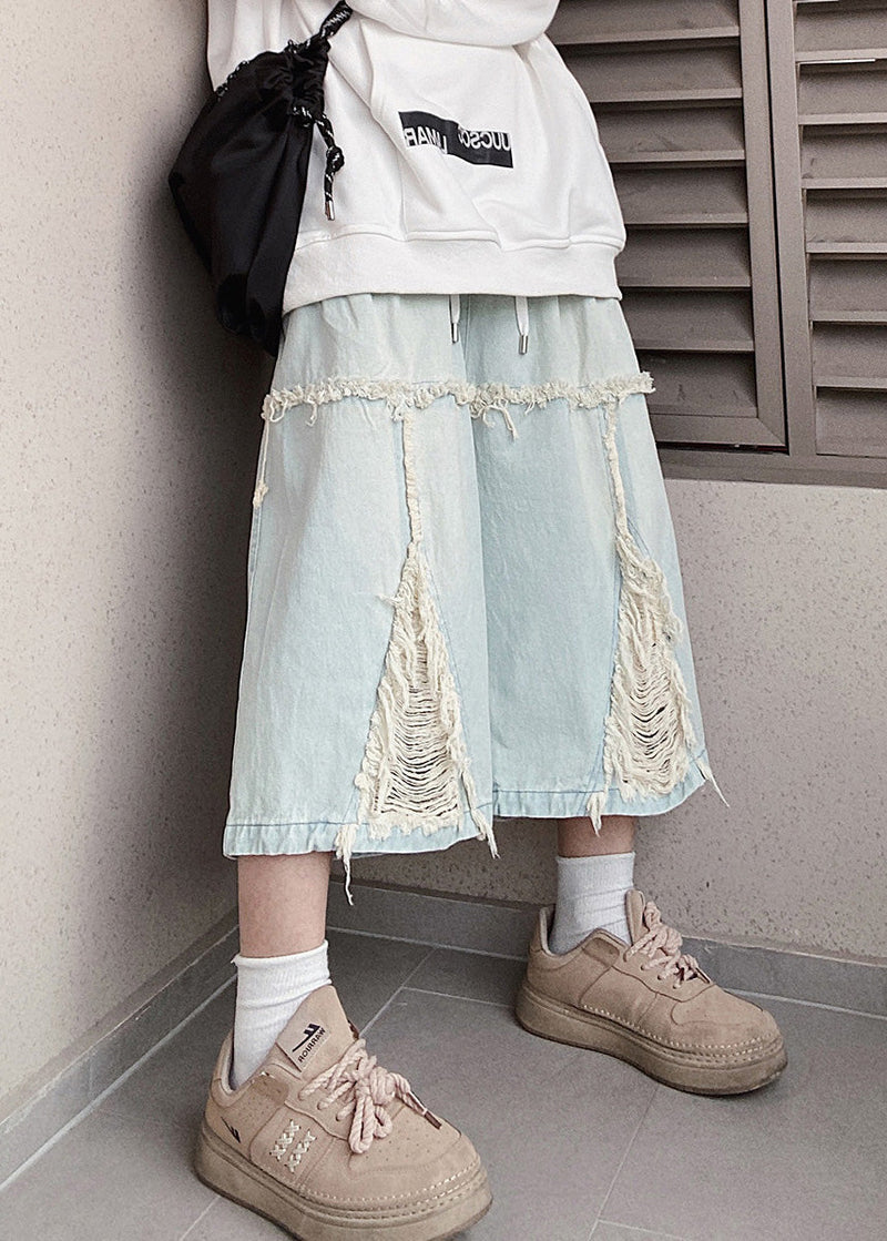 Blue Shorts Hole Summer Denim Elastic Waist