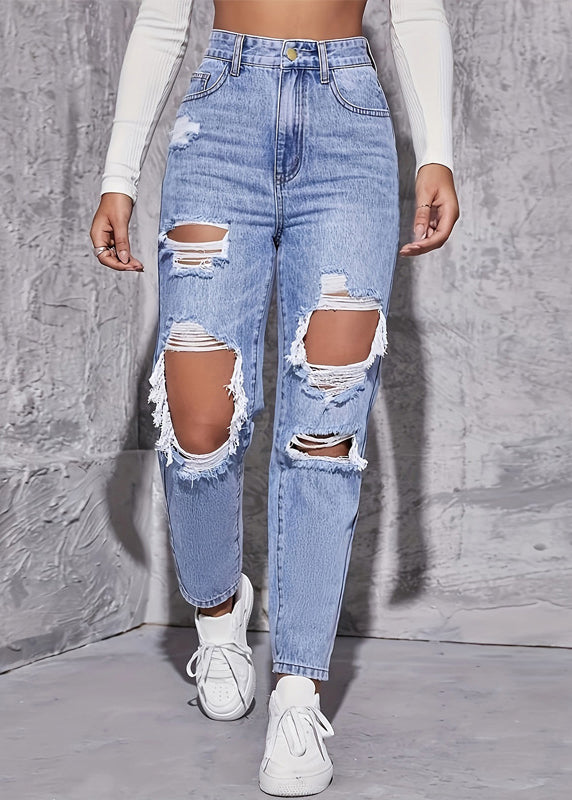 Crop Blue Pants Denim Waist Pockets Hole High Summer
