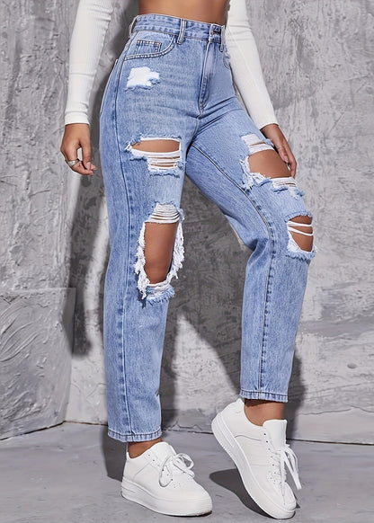 Crop Blue Pants Denim Waist Pockets Hole High Summer