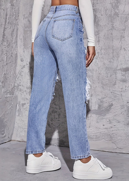 Crop Blue Pants Denim Waist Pockets Hole High Summer