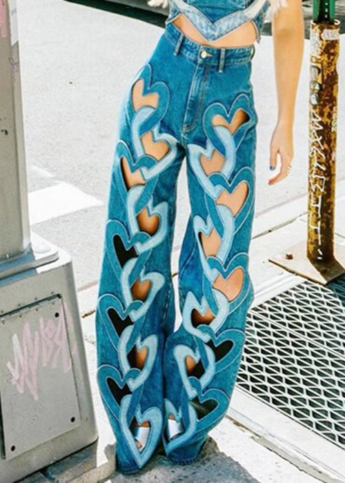 High Waist Denim Spring Blue Hollow Out Pants