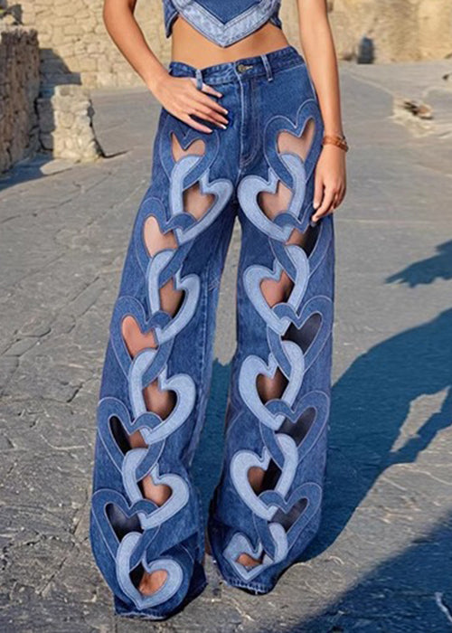 High Waist Denim Spring Blue Hollow Out Pants