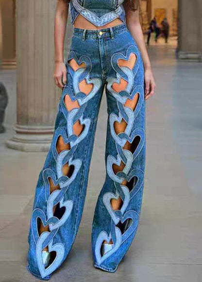 High Waist Denim Spring Blue Hollow Out Pants