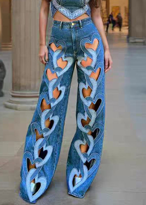 High Waist Denim Spring Blue Hollow Out Pants
