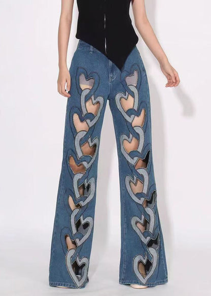 High Waist Denim Spring Blue Hollow Out Pants
