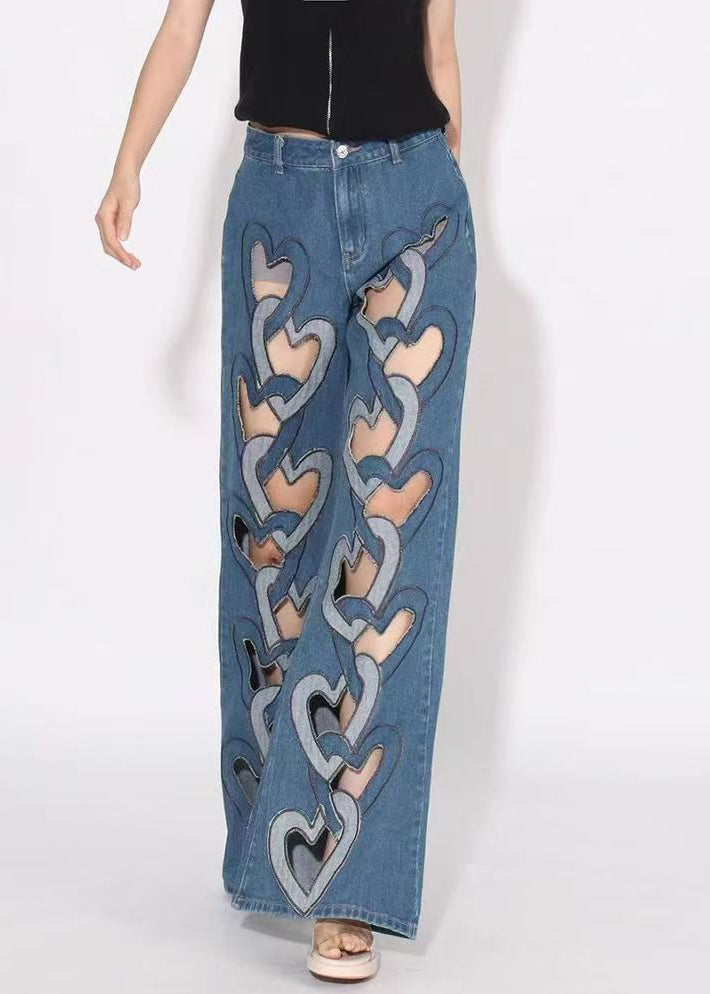 High Waist Denim Spring Blue Hollow Out Pants