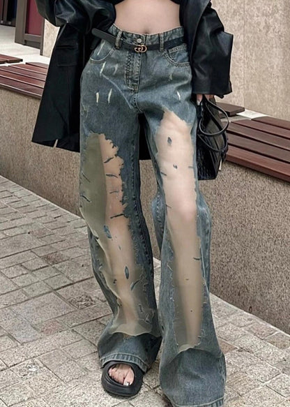 Blue Hollow Out Patchwork Tulle Denim Straight Pants Spring Yk032