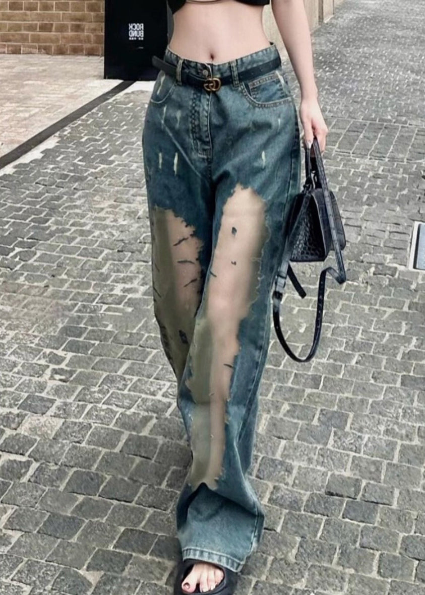 Blue Hollow Out Patchwork Tulle Denim Straight Pants Spring Yk032