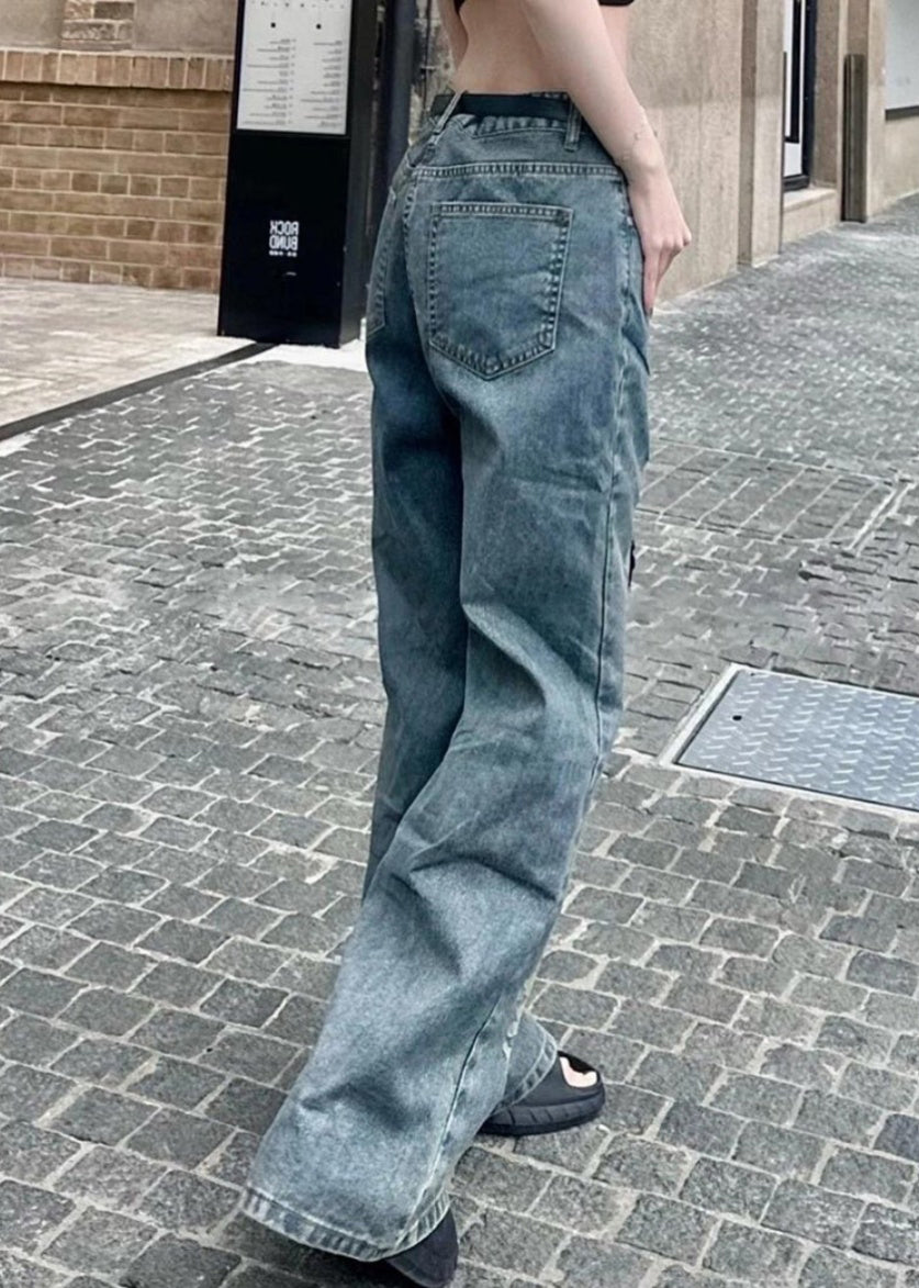 Blue Hollow Out Patchwork Tulle Denim Straight Pants Spring Yk032
