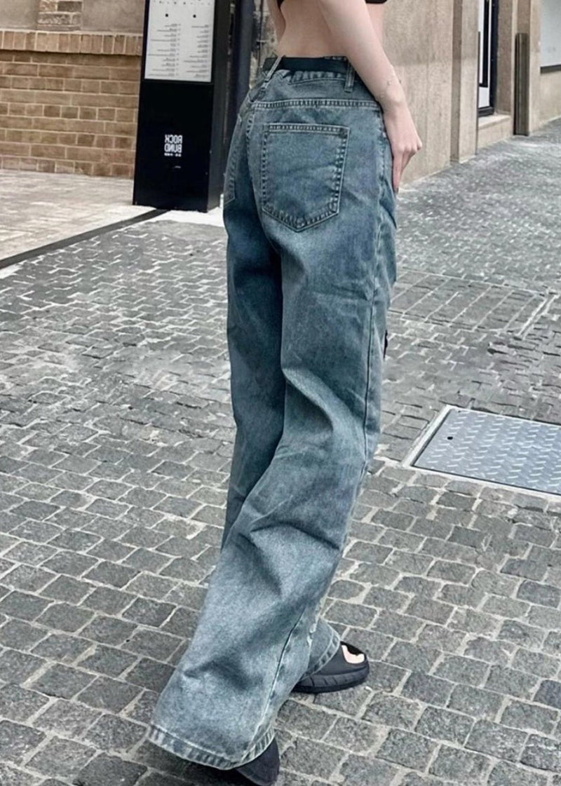 Blue Hollow Out Patchwork Tulle Denim Straight Pants Spring Yk032