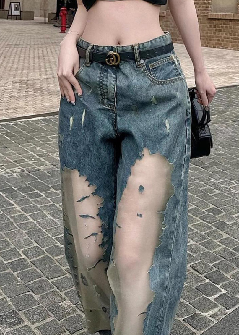 Blue Hollow Out Patchwork Tulle Denim Straight Pants Spring Yk032