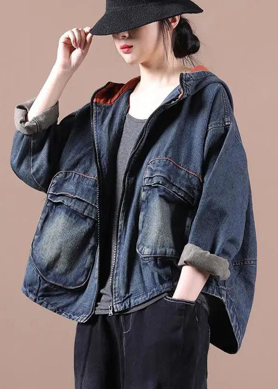 Blue Hooded Pockets Zippered Fall Denim Coat Long Sleeve Qs059