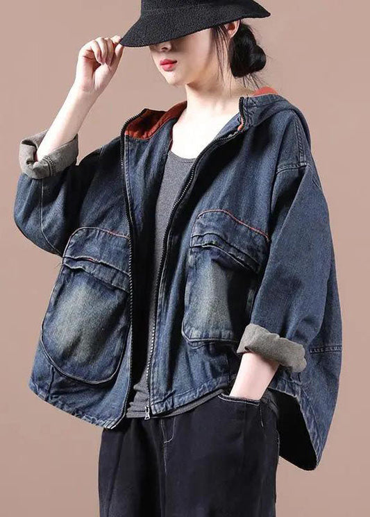 Blue Hooded Pockets Zippered Fall Denim Coat Long Sleeve Qs059