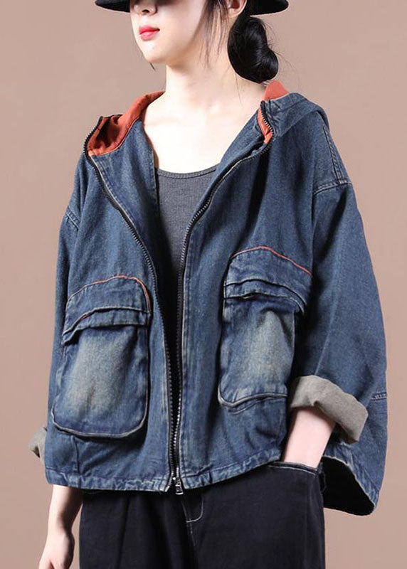 Blue Hooded Pockets Zippered Fall Denim Coat Long Sleeve Qs059