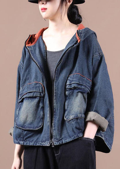 Blue Hooded Pockets Zippered Fall Denim Coat Long Sleeve Qs059