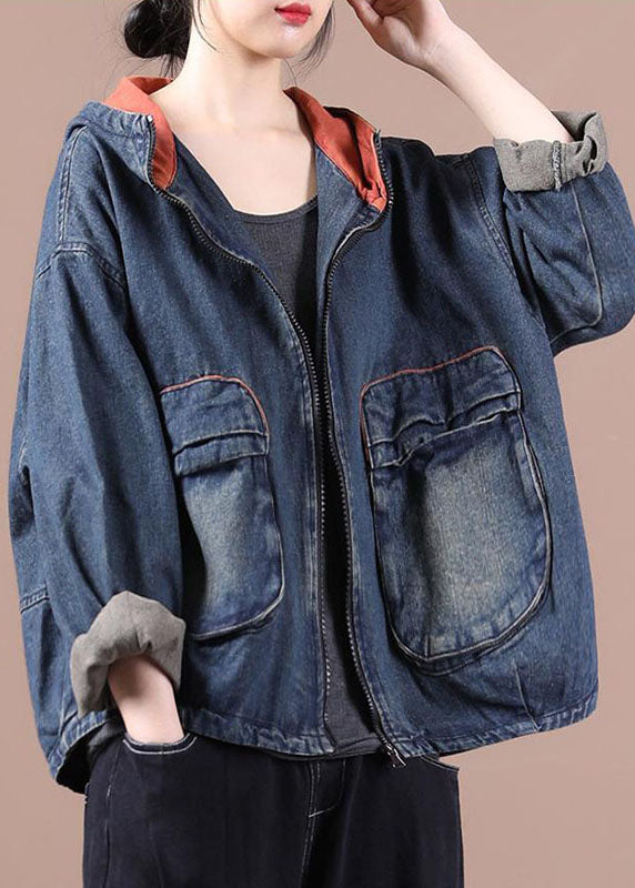Blue Hooded Pockets Zippered Fall Denim Coat Long Sleeve Qs059