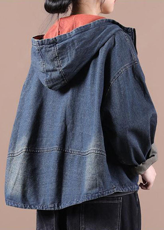 Blue Hooded Pockets Zippered Fall Denim Coat Long Sleeve Qs059