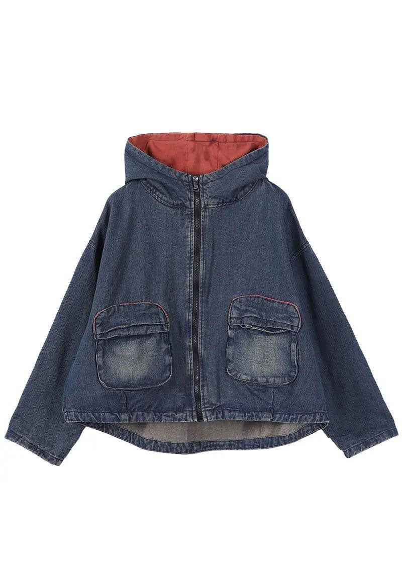 Blue Hooded Pockets Zippered Fall Denim Coat Long Sleeve Qs059