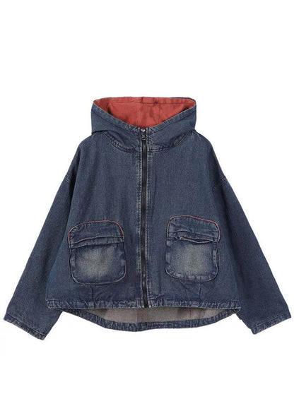 Blue Hooded Pockets Zippered Fall Denim Coat Long Sleeve Qs059