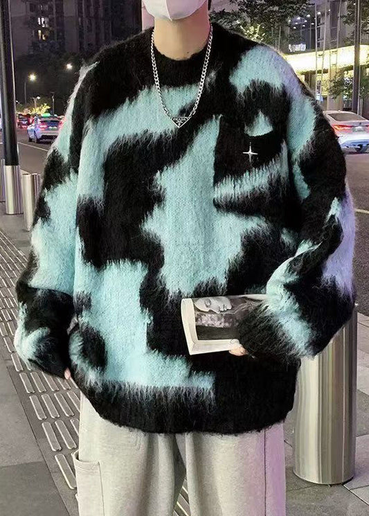 Blue O Neck Patchwork Knit Sweater Winter Rc030