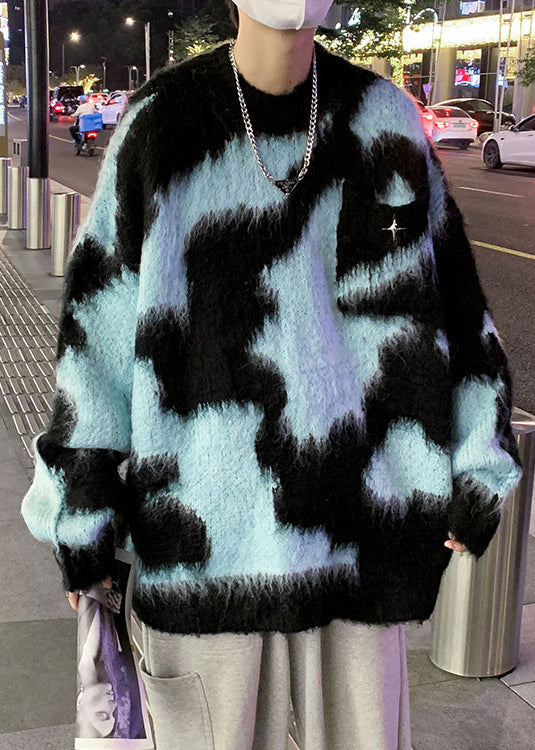 Blue O Neck Patchwork Knit Sweater Winter Rc030