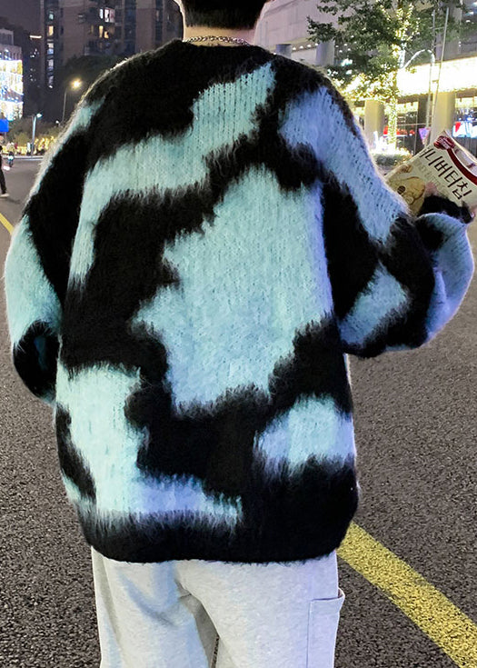 Blue O Neck Patchwork Knit Sweater Winter Rc030
