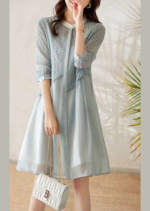 Blue O-neck Striped Patchwork Fake Two Pieces Button Long Dress Summer Ly1757