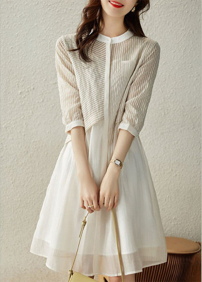 Blue O-neck Striped Patchwork Fake Two Pieces Button Long Dress Summer Ly1757