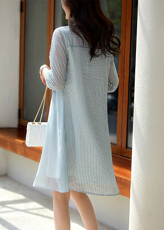 Blue O-neck Striped Patchwork Fake Two Pieces Button Long Dress Summer Ly1757