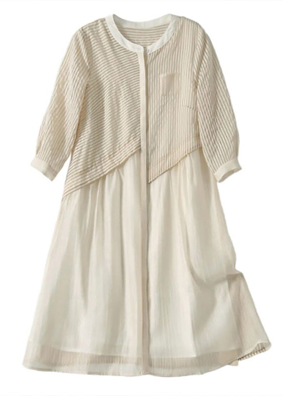 Blue O-neck Striped Patchwork Fake Two Pieces Button Long Dress Summer Ly1757