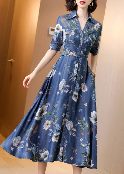 Blue Peter Pan Collar Print Button Sashes Denim Long Dress Short Sleeve Ac2046