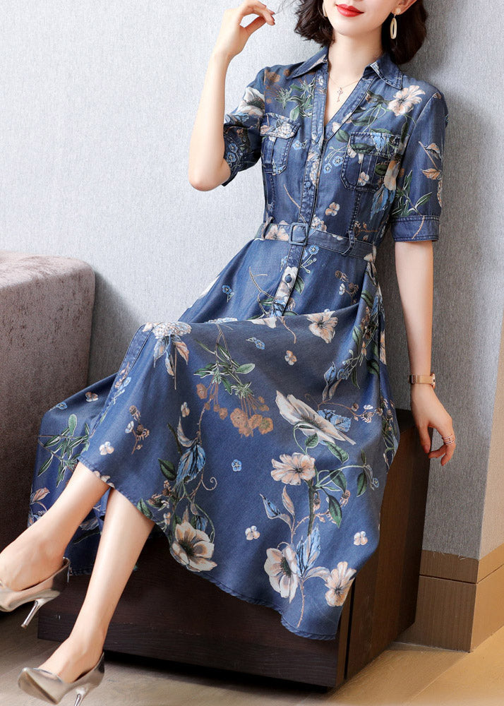 Blue Peter Pan Collar Print Button Sashes Denim Long Dress Short Sleeve Ac2046