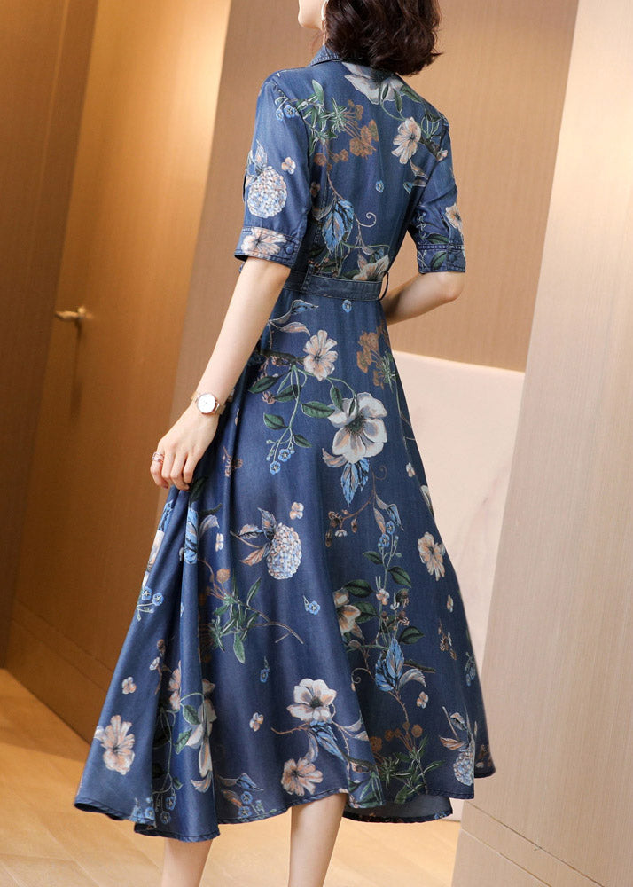 Blue Peter Pan Collar Print Button Sashes Denim Long Dress Short Sleeve Ac2046